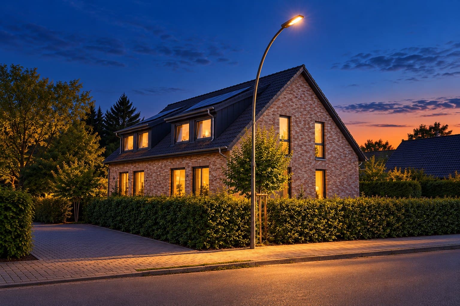 Visualisierung des Hauses zur blauen Stunde mit beleuchteten Fenstern