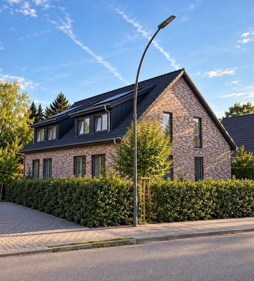 Doppelhaus am Ploot, Straßenansicht mit Hecke und Laterne