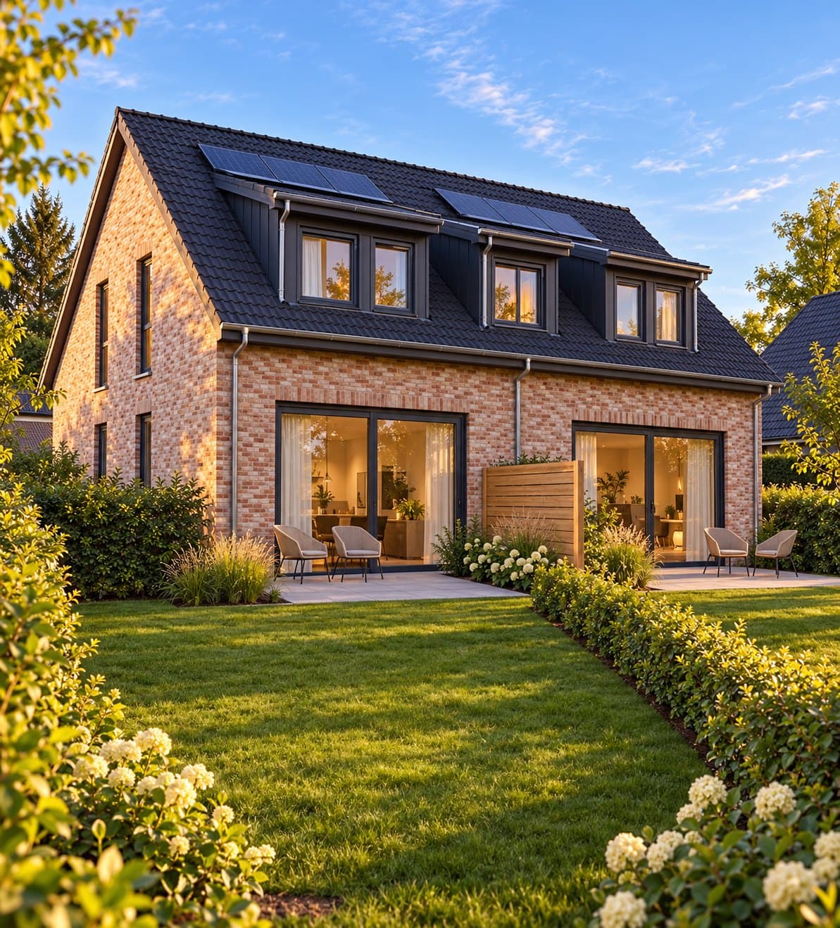 Visualisierung der Gartenseite mit zwei Terrassen und Rasen