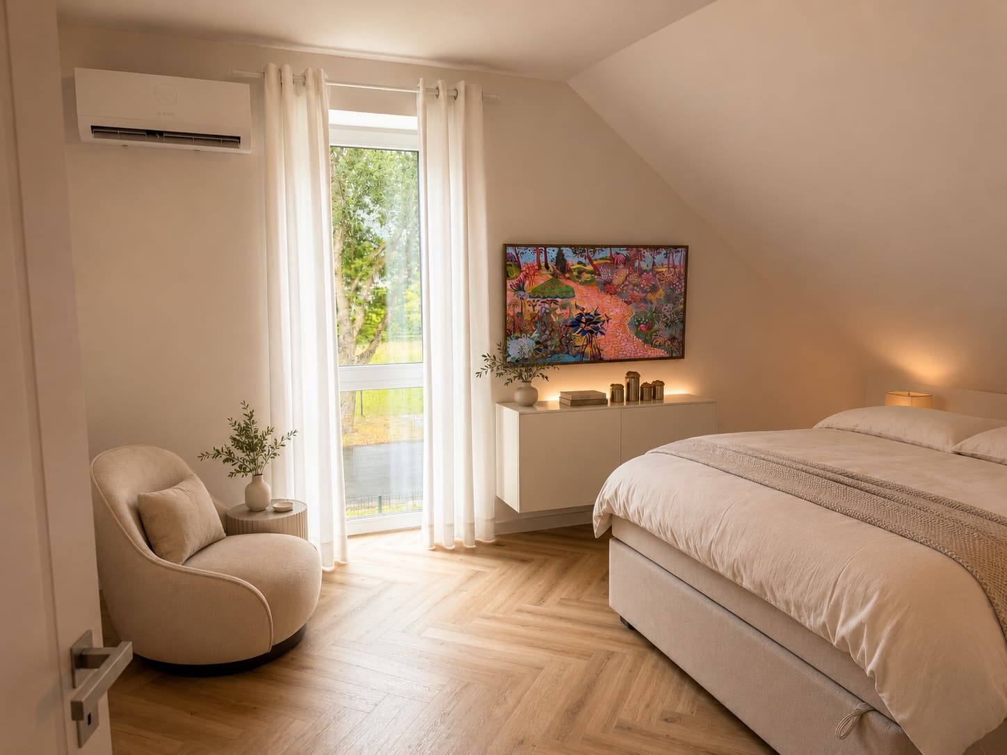Schlafzimmer mit Dachschräge und bodentiefem Fenster
